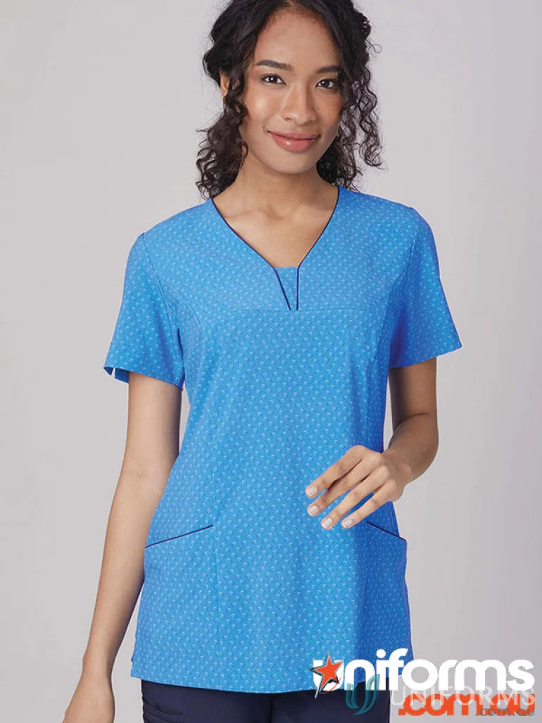 Blue patterned scrub top from Heart Print Tunic in the City Collection Heart with 4-way stretch
