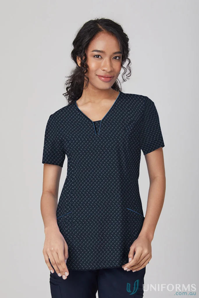 Patterned V-neck scrub top from Heart Print Tunic with City Collection Heart 4-way stretch