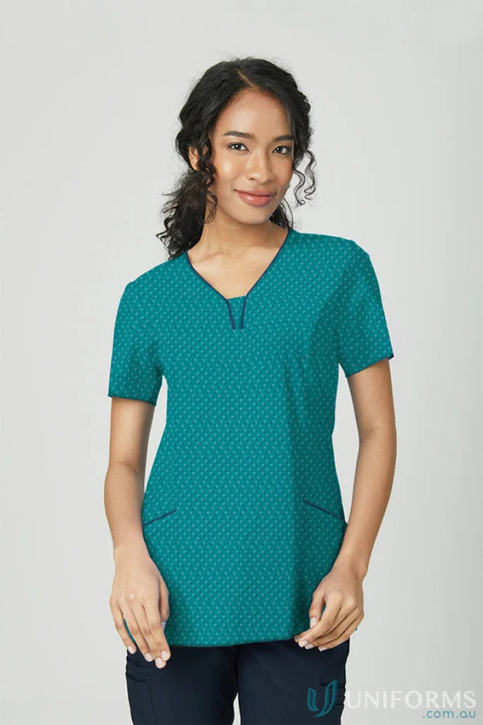 Teal patterned scrub top from Heart Print Tunic in City Collection Heart with 4-way stretch