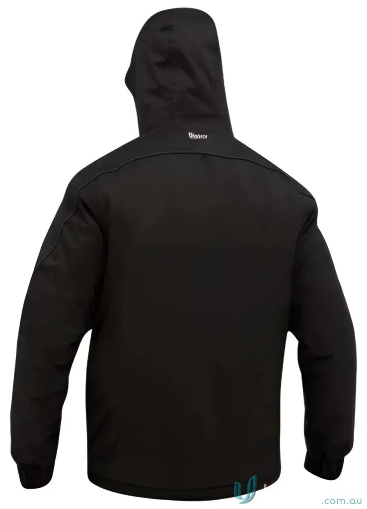 Black hooded winter heated jacket with weather protection and 000mm h₂o waterproofing