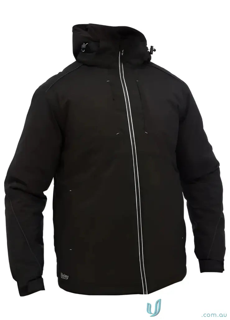 Black heated jacket with hood and double-zipper for ultimate weather protection