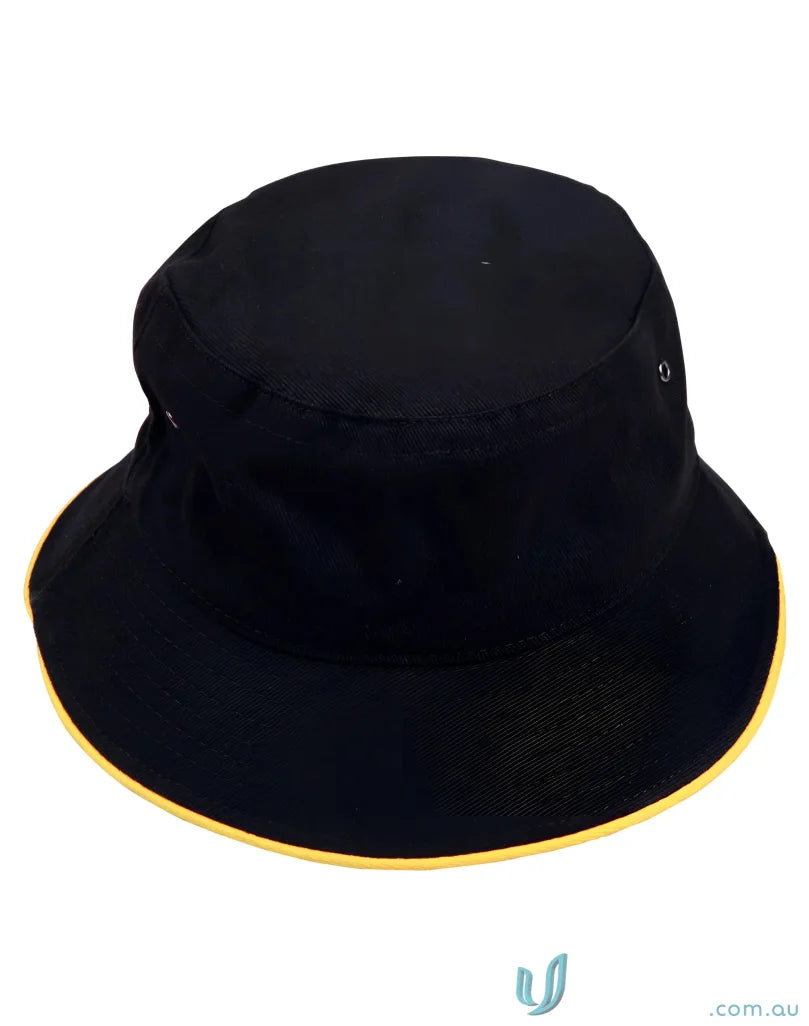 Heavy brushed cotton bucket hat with black color and yellow trim for stylish chill days