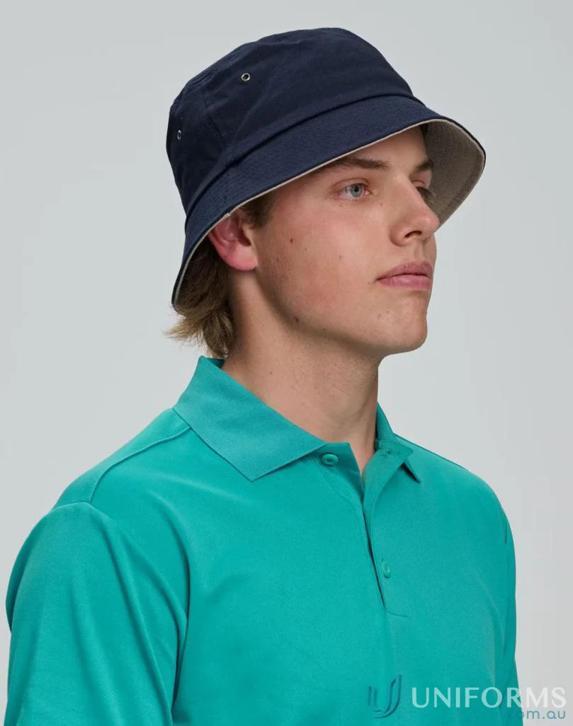 Reversible navy beige ch32a bucket hat made from heavy brushed cotton for style and comfort