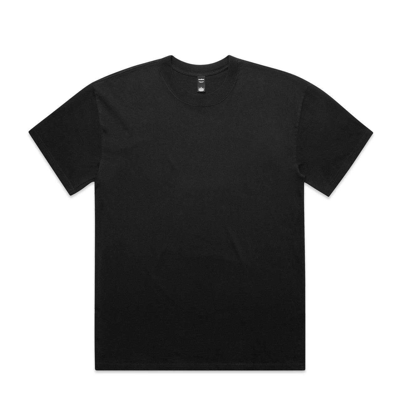 Black crew neck t-shirt with a ribbed neckline and short sleeves.