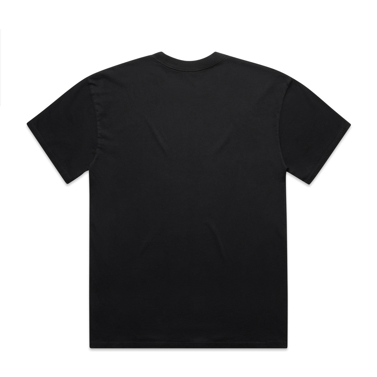 Black plain t-shirt with short sleeves and crew neck.