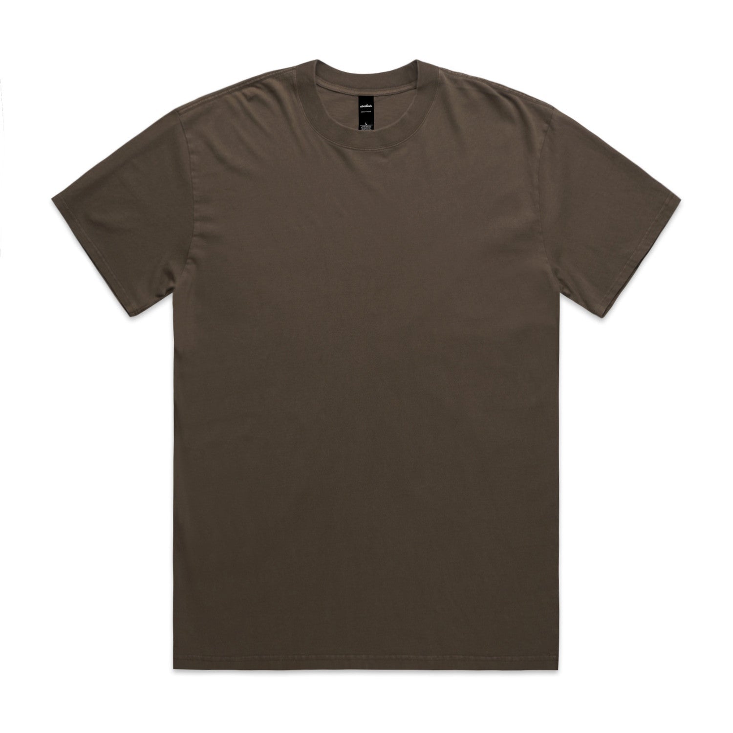 Olive green crew neck t-shirt with short sleeves and a simple design.