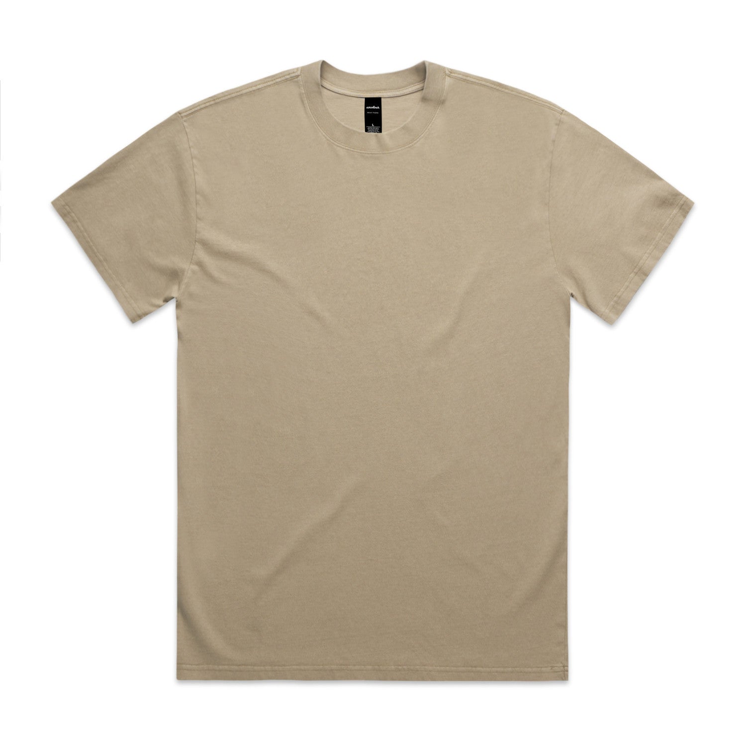 Beige crew neck t-shirt with short sleeves and a simple design.