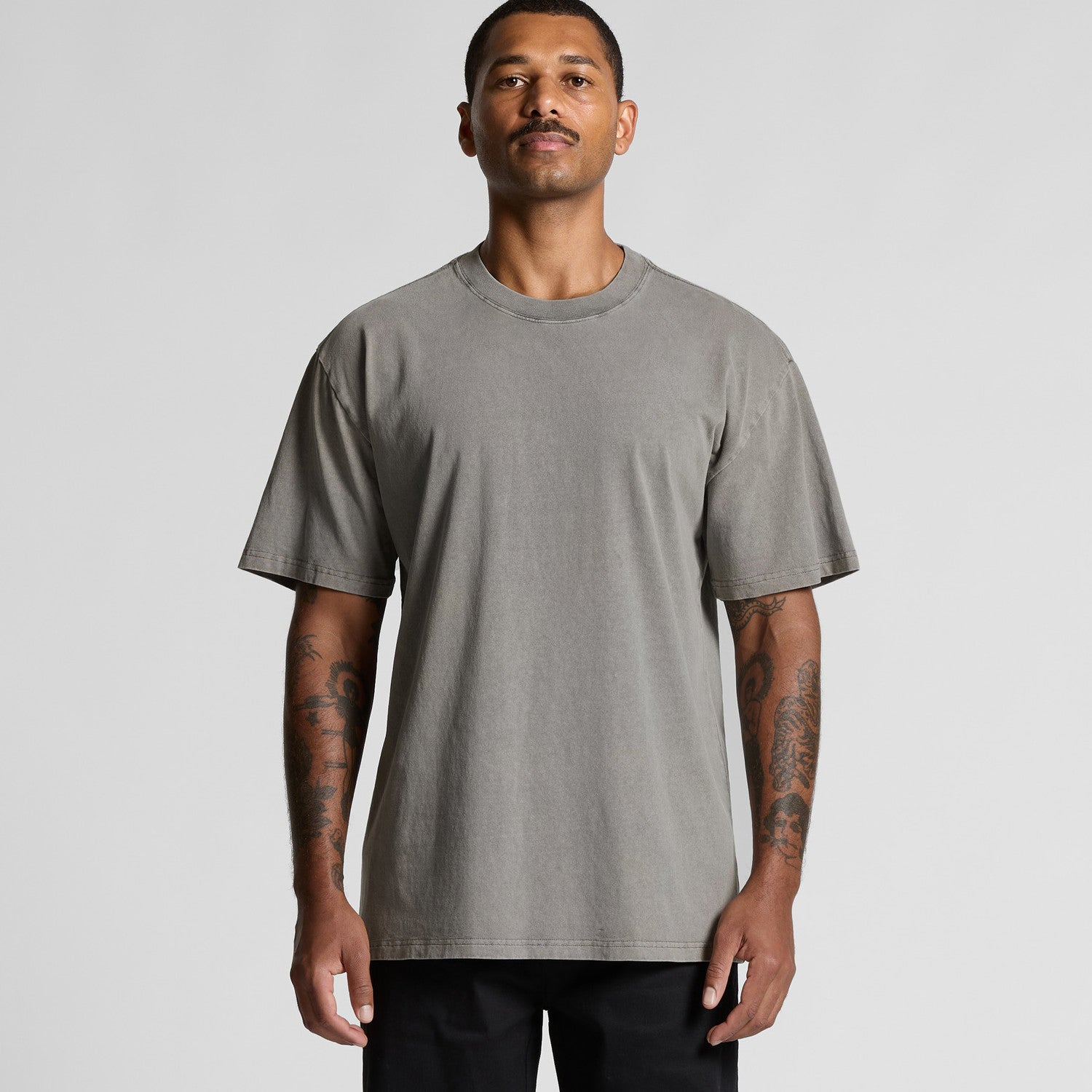 Charcoal gray crew neck t-shirt with short sleeves and a relaxed fit.