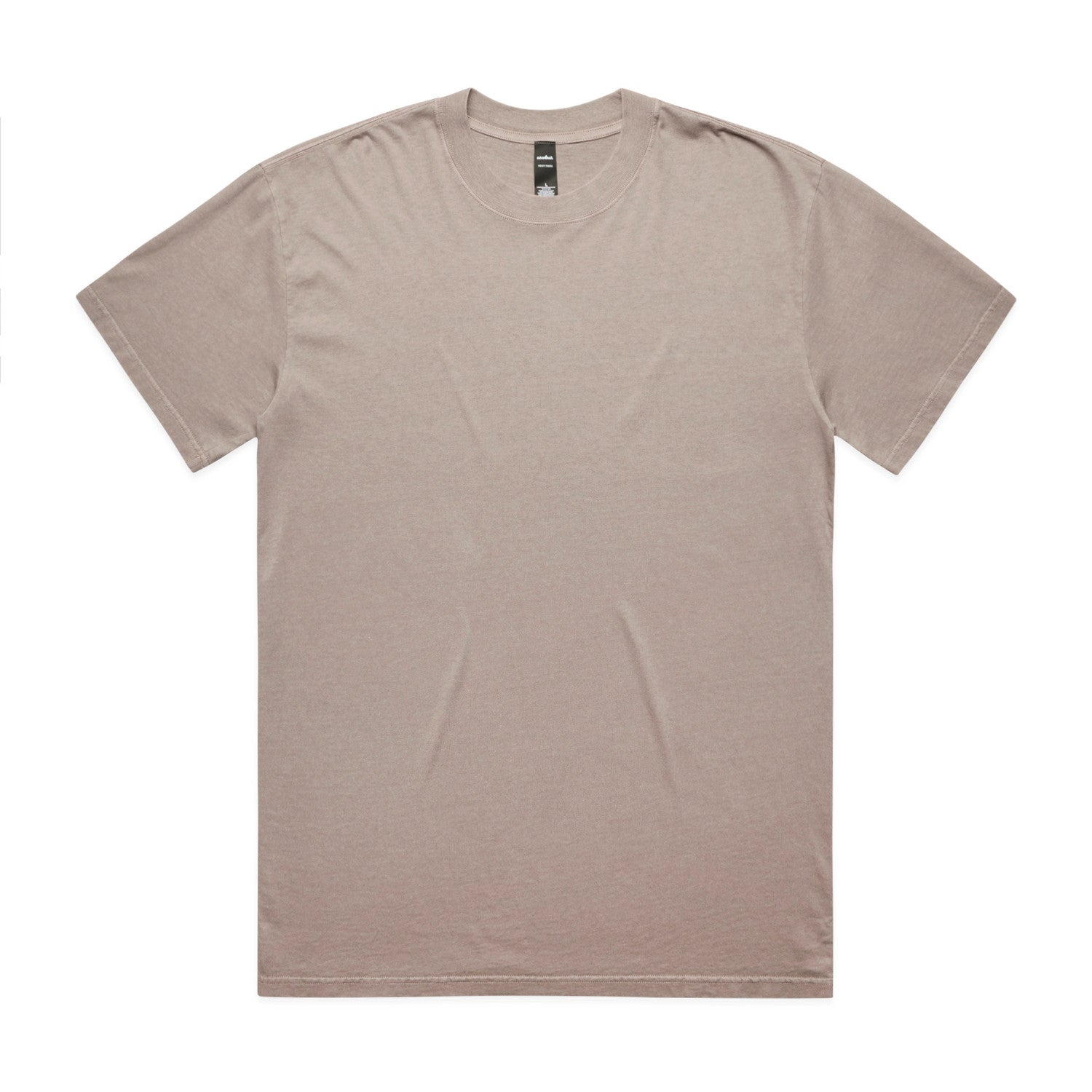 Beige crew neck t-shirt with short sleeves and a simple design.