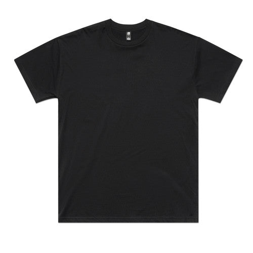 Black crew neck t-shirt with short sleeves and a small white logo on the left chest.