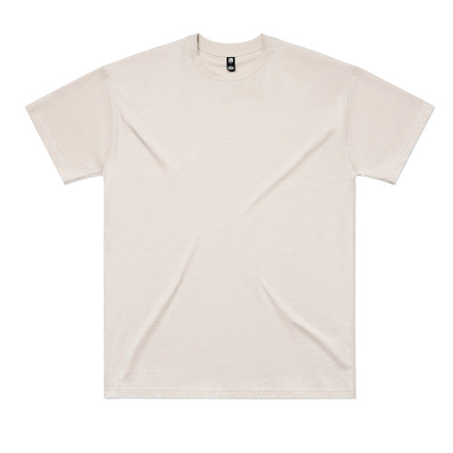 Cream-colored crew neck t-shirt with short sleeves and a small logo on the chest.