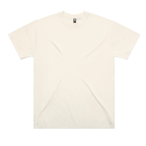 Cream-colored crew neck t-shirt with short sleeves and a small logo on the left chest.