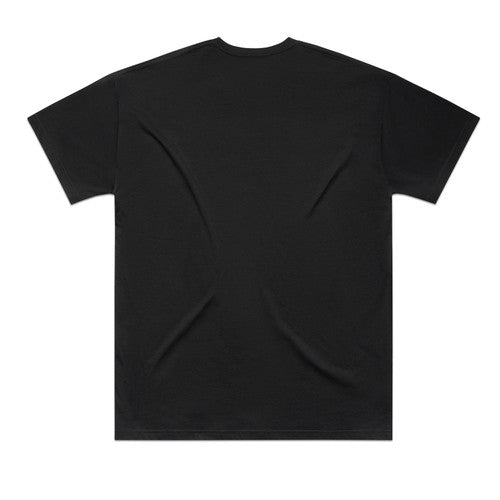 Black plain t-shirt with short sleeves and crew neck.