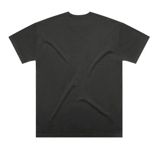 Black t-shirt with short sleeves and crew neck.