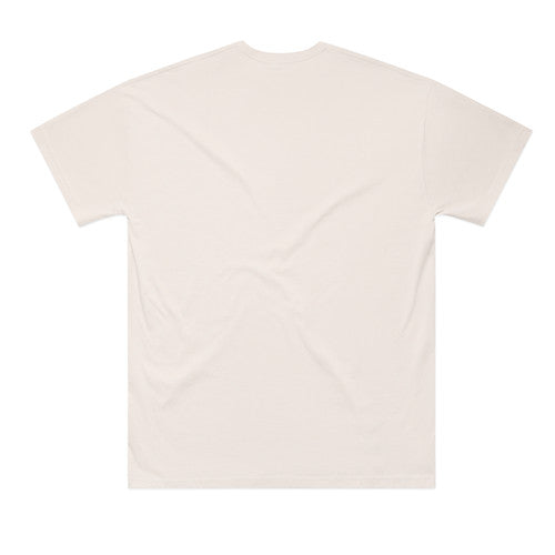 Cream-colored, short-sleeved t-shirt with a v-neck and ribbed cuffs.