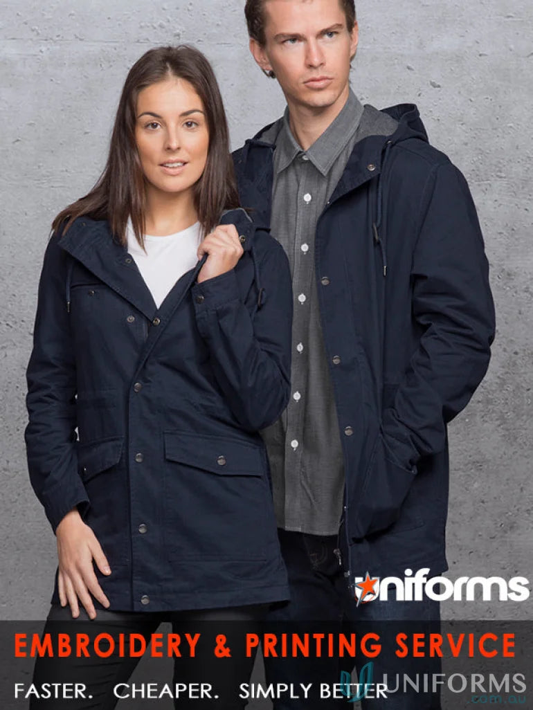 Matching navy cotton twill hooded jackets, garment washed with contrast marl denim details