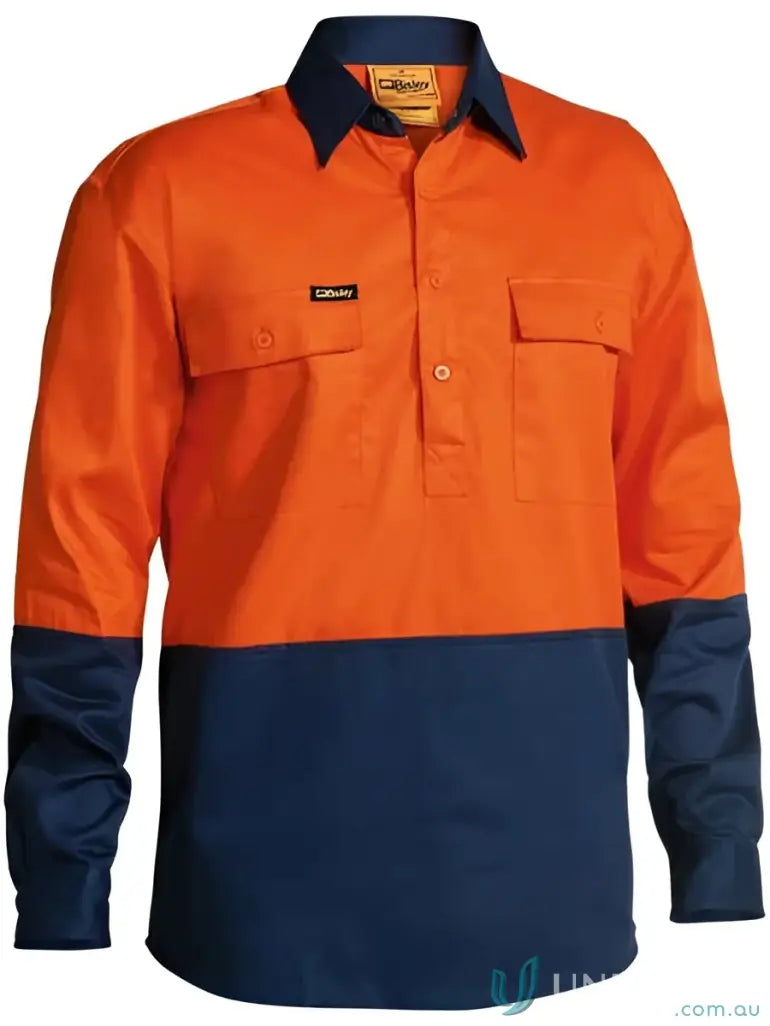 Orange and navy Hi Vis Closed Front Drill Shirt in preshrunk cotton drill with two chest pockets