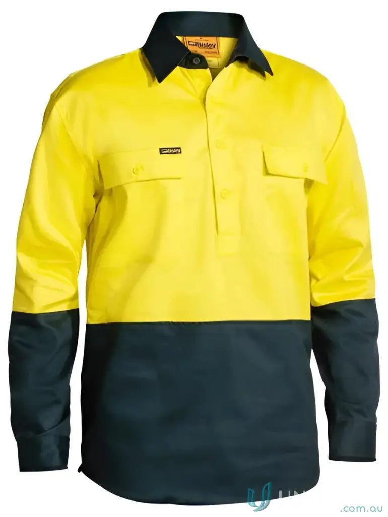 Hi Vis Closed Front Drill Shirt in preshrunk cotton drill, half yellow and dark green