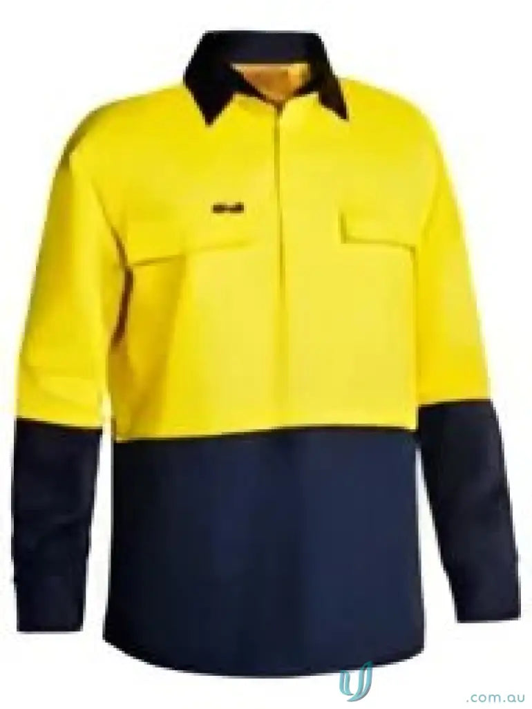 Hi Vis Closed Front Drill Shirt in yellow and navy with pockets made of preshrunk cotton drill