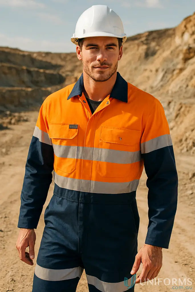 Men’s orange and navy vis coverall csr with reflective stripes for safety CSR Tape