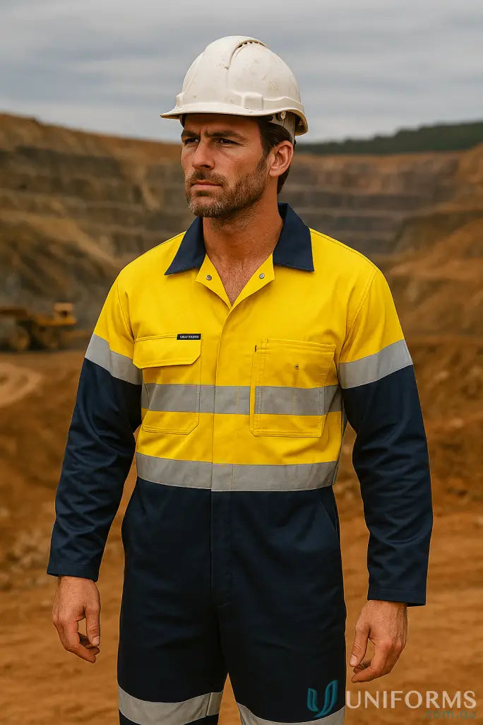 Male model in yellow navy hi vis coverall csr tape with reflective stripes and hard hat