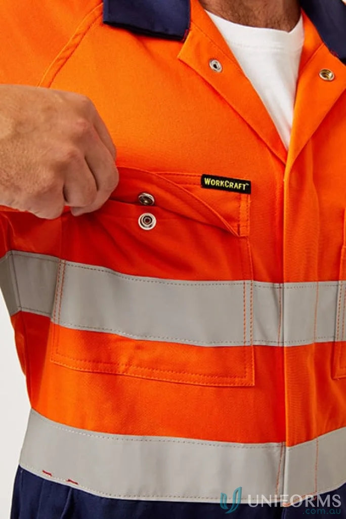 Orange and navy HI VIS Coverall Ind Tape with reflective stripes and press stud front