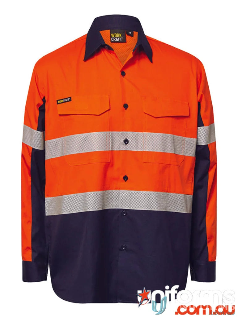 Orange and navy Hi Vis Ripstop Shirt Tape L/S with reflective tape and sun protection