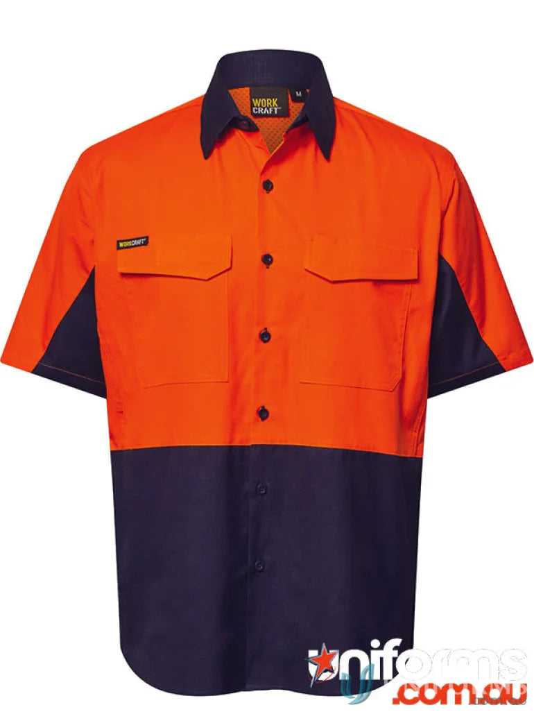 Orange and navy Hi Vis Vented Ripstop Shirt for sun protection and work uniforms