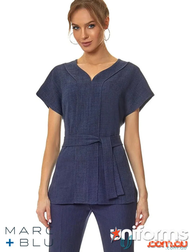 Blue belted b035e linen High V Neck Tunic with flattering silhouette and matching pants