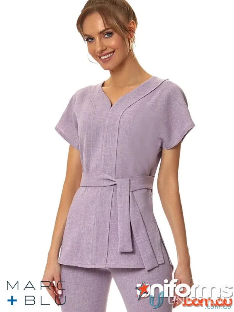 Lavender belted tunic top with high V neck and flattering silhouette in b035e linen