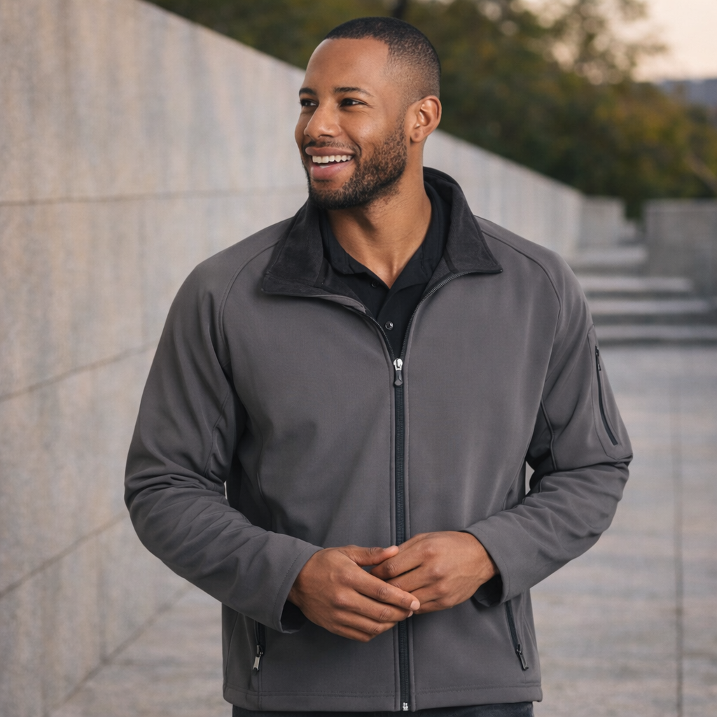 Gray jk23 mens softshell jacket with black collar and zipper accents