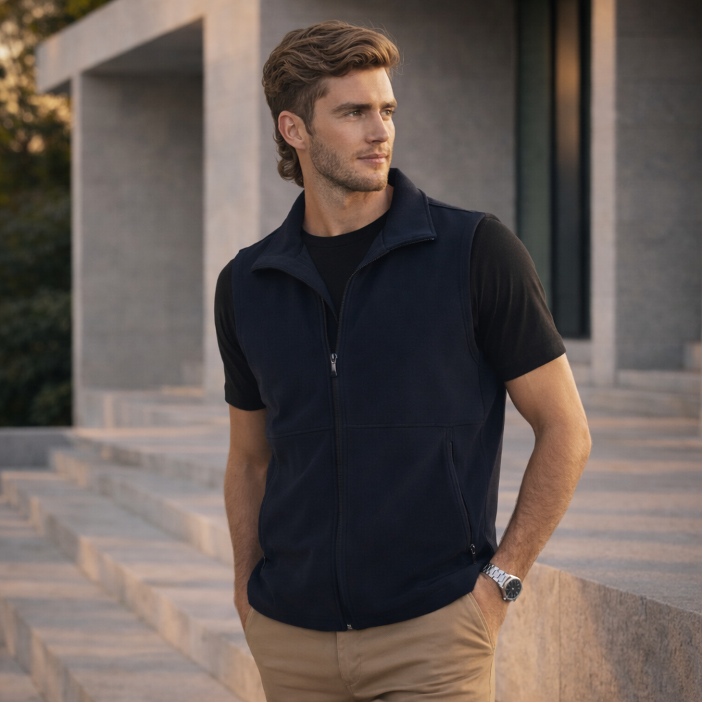 Navy blue zip-up jk25 mens softshell hi-tech vest back view