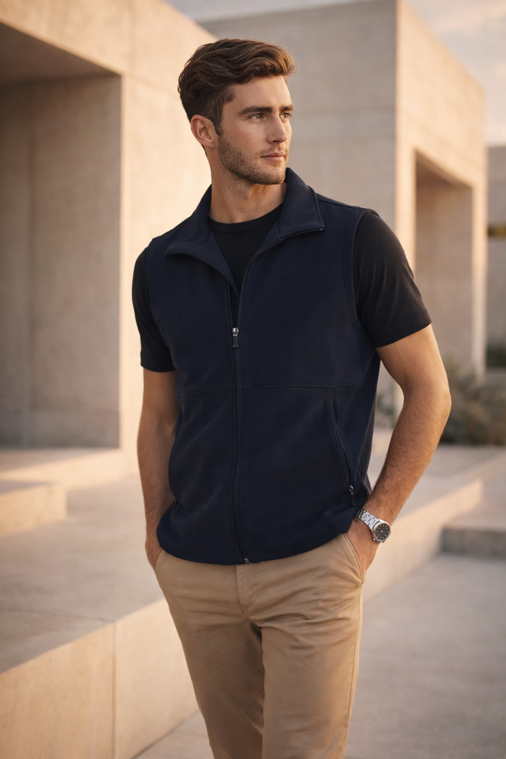 Navy blue zip-up jk25 mens softshell hi-tech vest back view