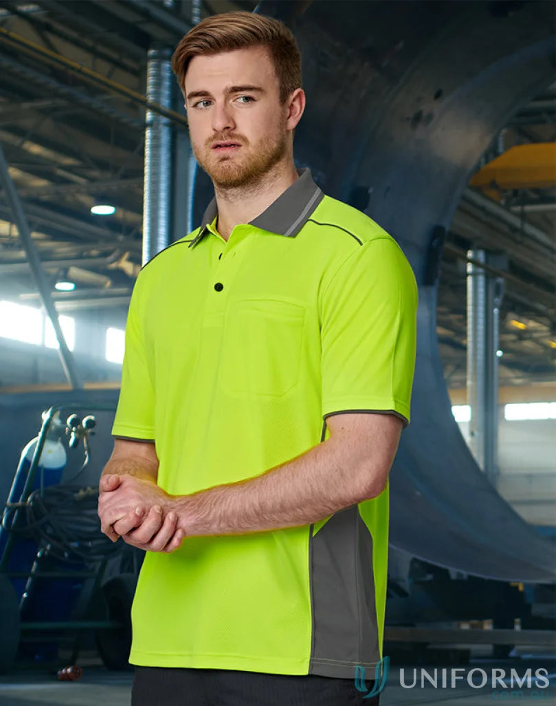 Man wearing HiVis Bamboo Charcoal Vented Polo in neon yellow and gray style