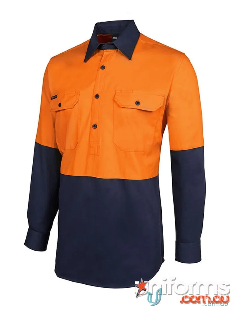 Orange and navy breathable cotton drill work shirt for work uniforms in HiVis style