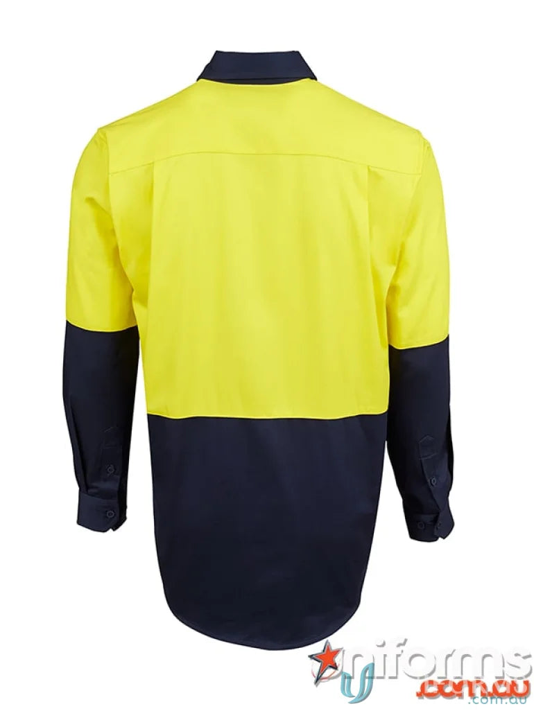 Yellow and navy HiVis Close Front Cotton Drill Shirt for breathable work uniforms