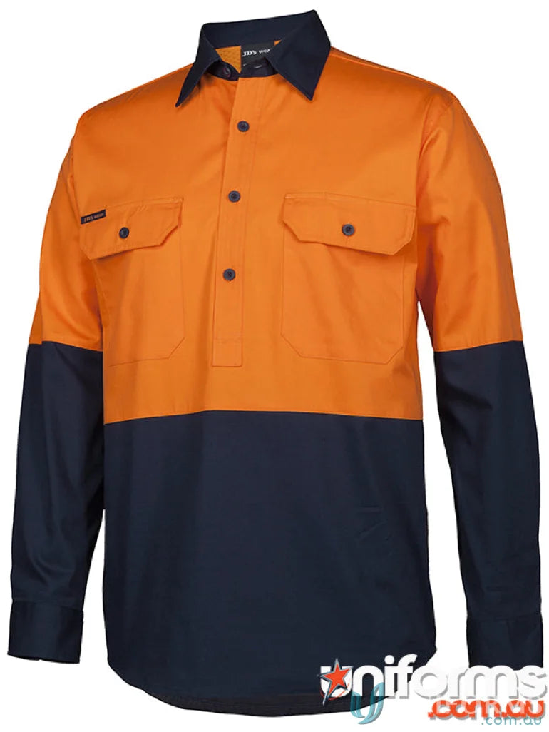Orange and navy HiVis Close Front LS Shirt for sun protection and Australian standard uniforms