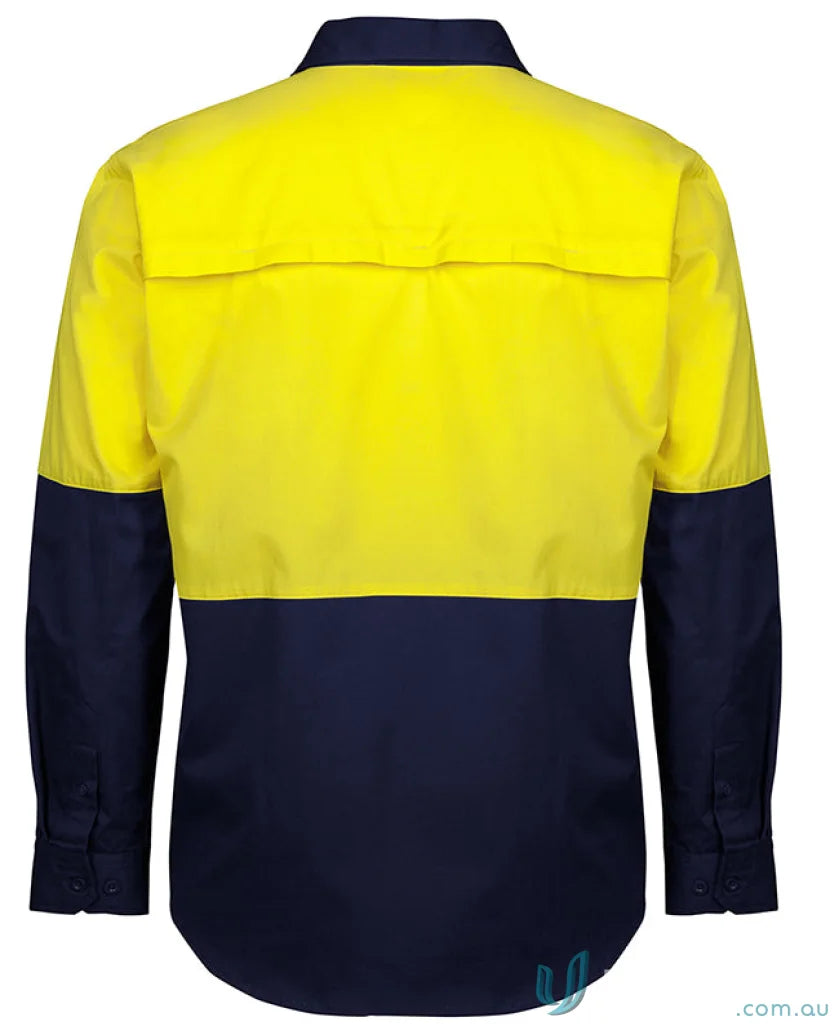 Yellow and navy long-sleeved work shirt ideal for sun protection Australian standard uniforms