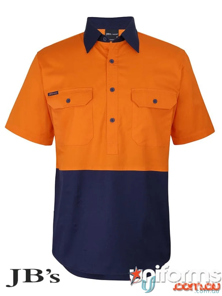 Orange and navy blue HiVis Close Front SS Shirt made of breathable fabric for work uniforms with sun protection