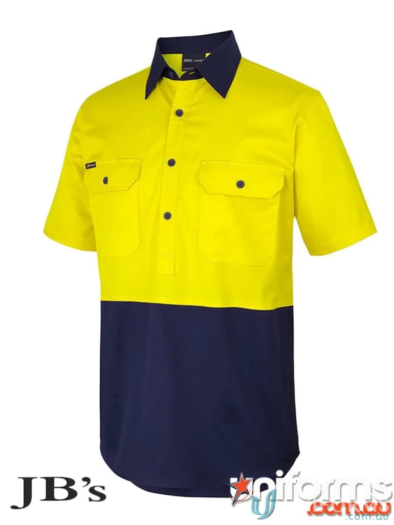 Yellow and navy blue HiVis Close Front SS Shirt with breathable fabric for sun protection
