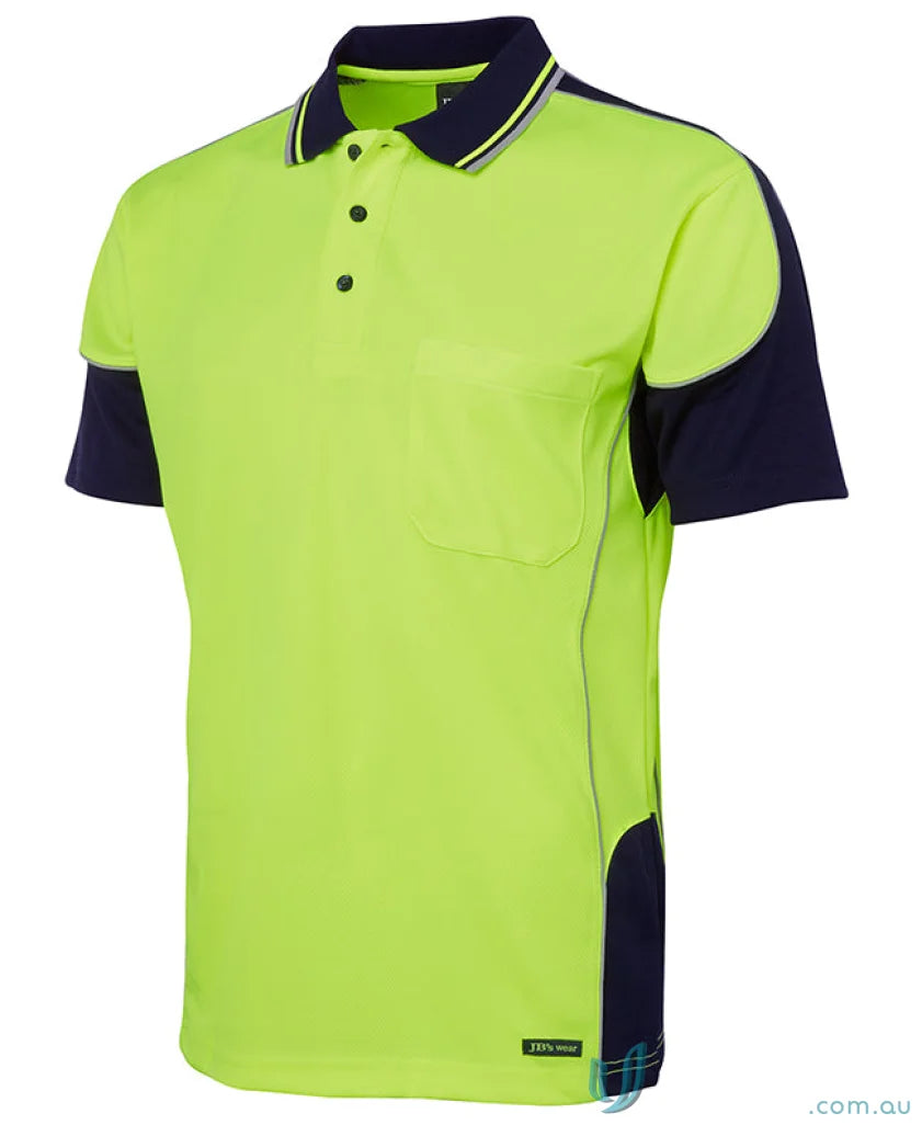 Neon yellow and navy blue workwear polo shirt with contrast piping, made of durable fabric