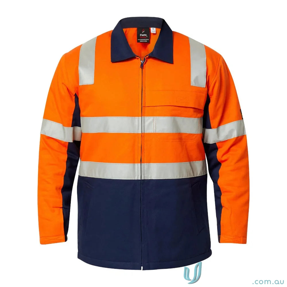Orange and navy blue HiVis Cotton Reflective Jacket for day and night visibility