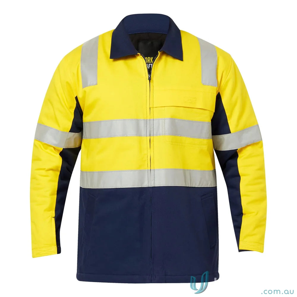 Yellow and navy blue HiVis Cotton Reflective Jacket for day and night safety