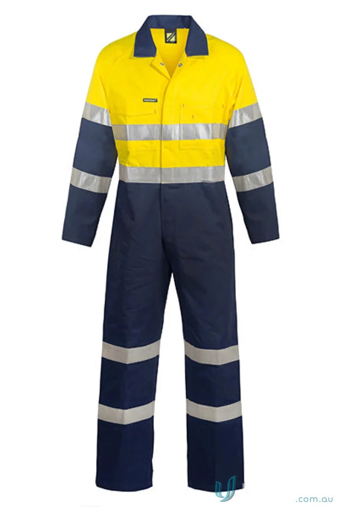 Yellow and blue reflective work coverall with tape, ideal for workwear and uniforms