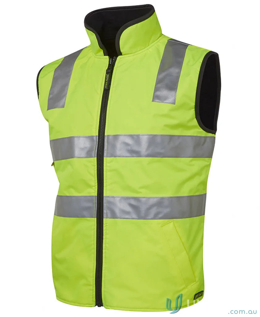 Bright yellow HiVis Reversible Vest with reflective stripes, perfect for work uniforms