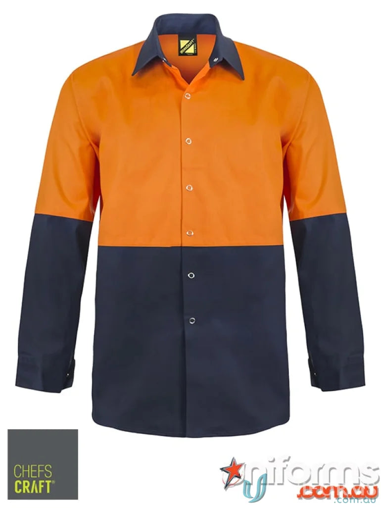 HiVis Drill cotton drill shirt for large-scale processing plants in orange and navy blue