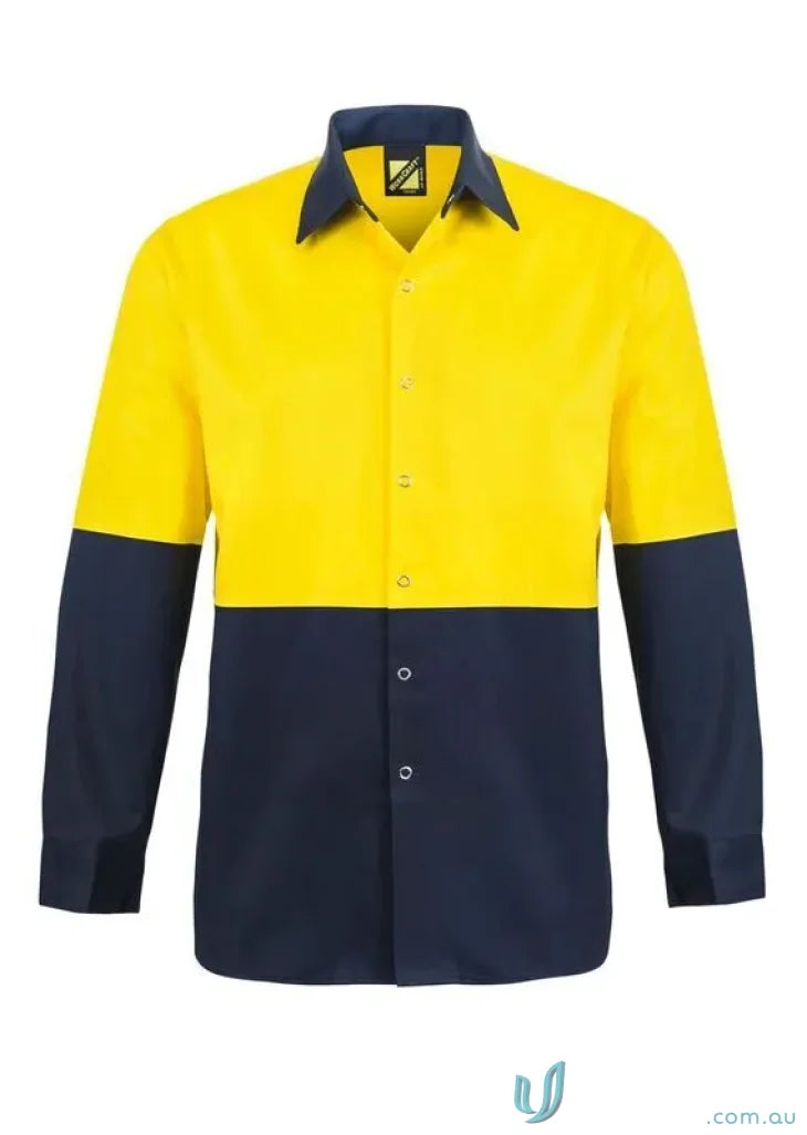 HiVis Drill cotton drill shirt with yellow top and dark blue bottom for large-scale processing plants