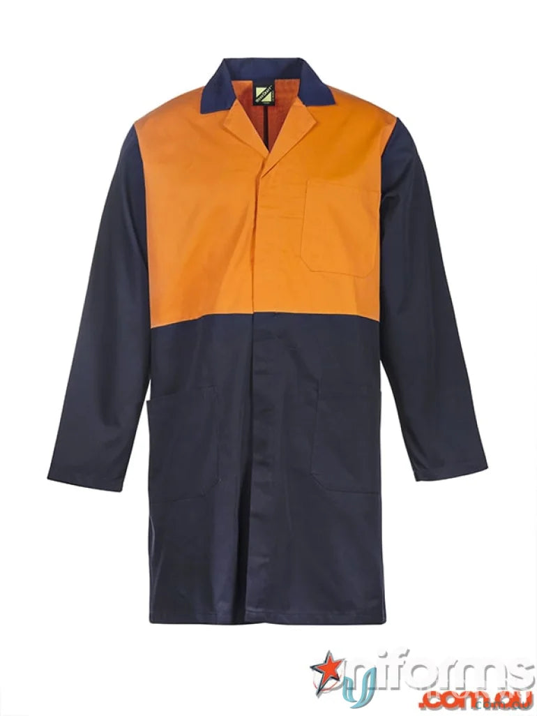 HiVis Dust Coat with two-tone design, high visibility upper panel and concealed press stud