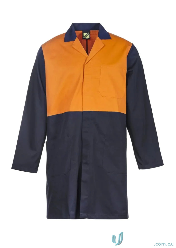HiVis Dust Coat with two-tone design, high visibility upper panel, and concealed press stud