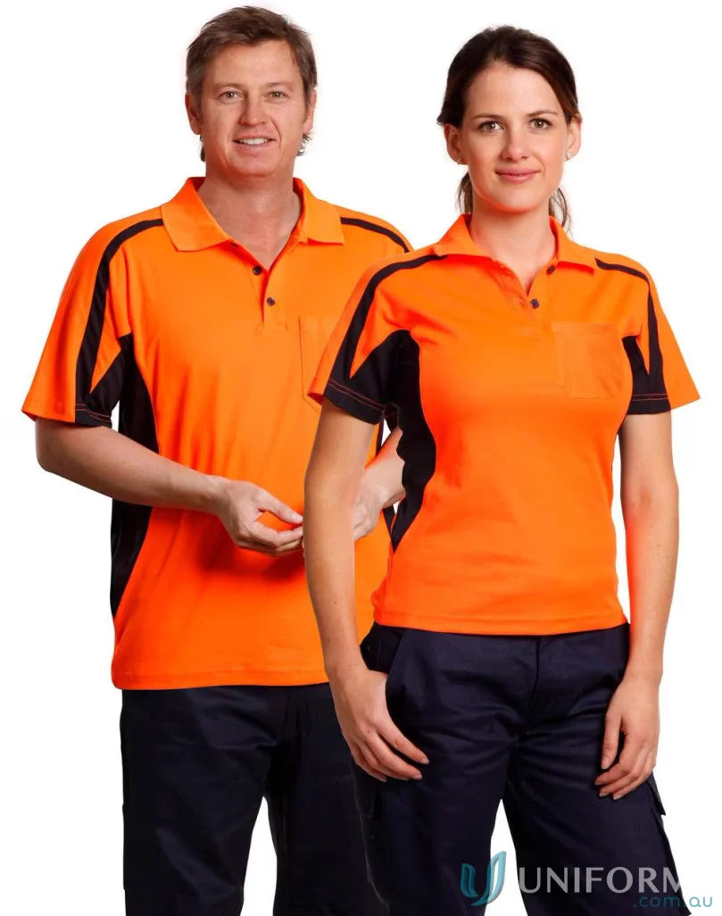 Matching orange and black work uniforms in HiVis Fashion PoloUnisex, perfect for sw25 hi-vis and Spirit Hivis Truedry